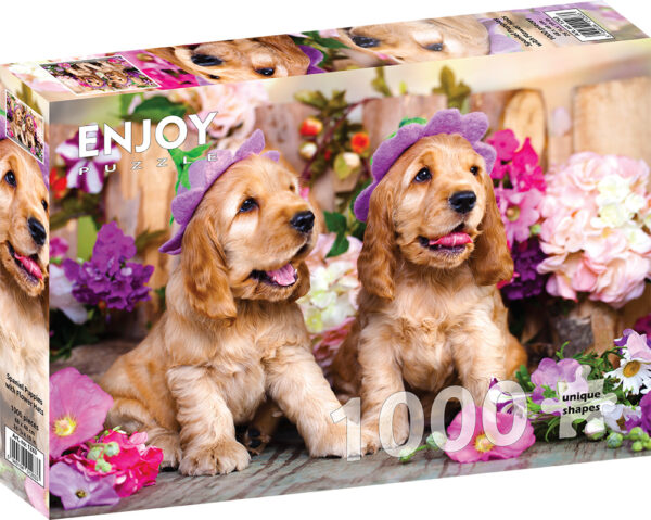 Enjoy - Spaniel Puppies with Flower Hats - 1000 bitar